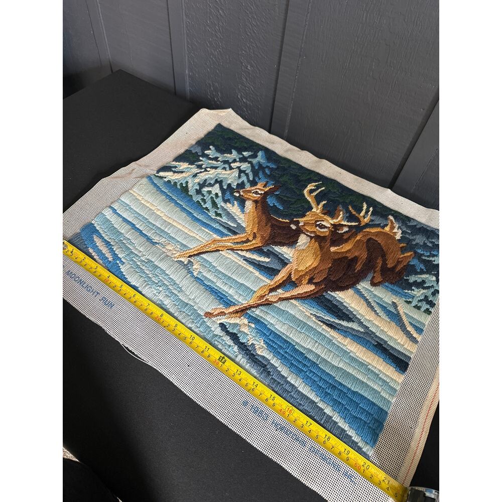 Vintage 1983 Moonlight Run Needlepoint Tapestry Deer Doe Buck Monarch Horizons - Picture 11 of 12
